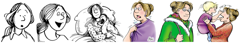 Several images of Elly, from young to older, drawn over the course of 30 years.