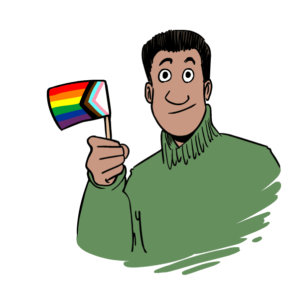 Lawrence waving the Pride flag
