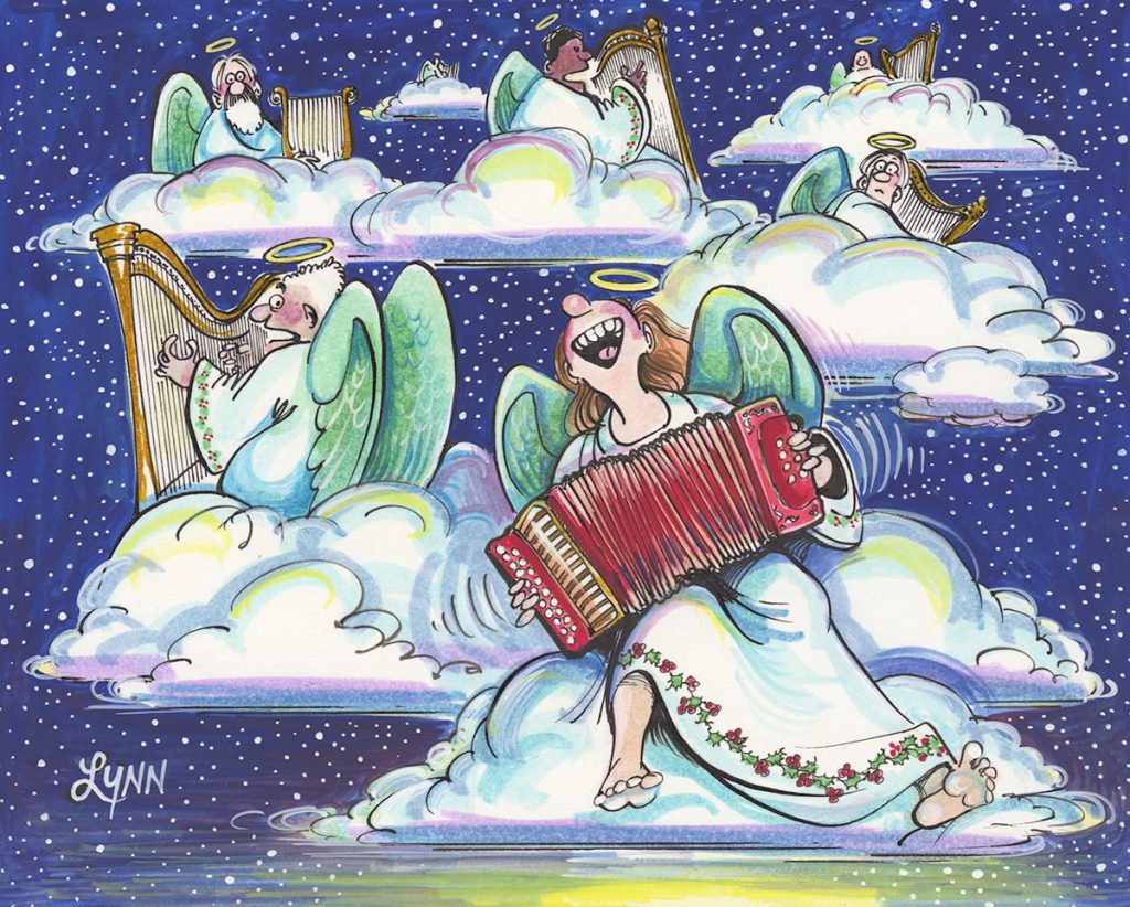 Angels, seated on clouds, play their harps in heaven. One angel prefers the accordion. 