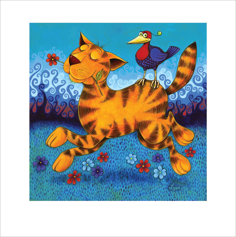 In "Along For the Ride", a blue and red bird relaxes and rides a happy, tiger-striped cat as he prances through a colourful landscape of flowers and curlicues.