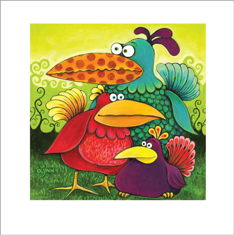 In "Birds of a Feather 1", three funny birds with tropical plumage hang out together in a green and yellow landscape.