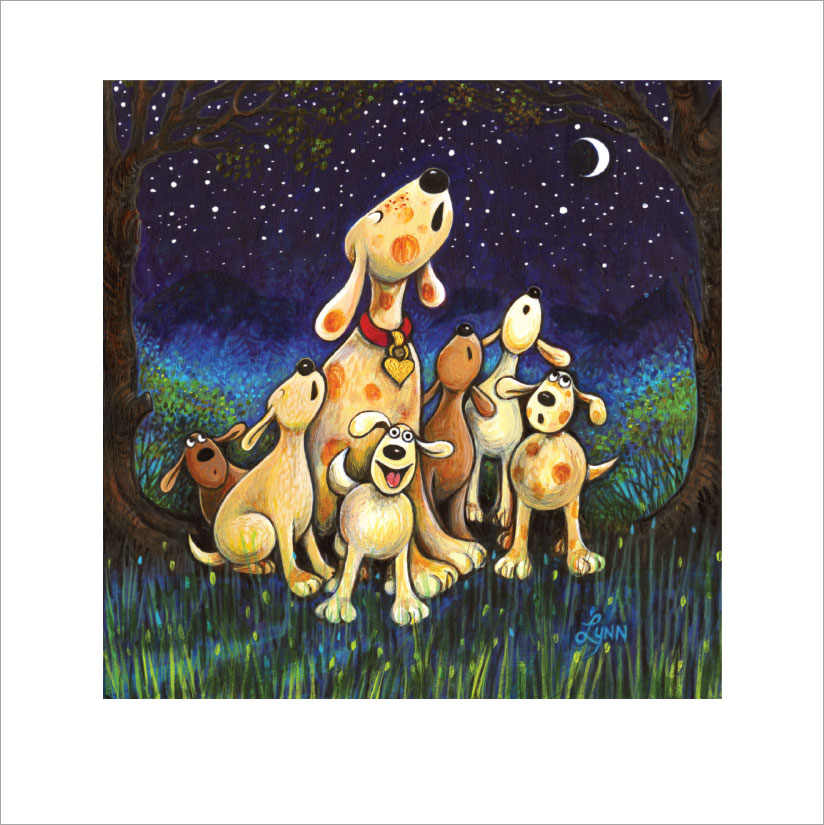 "Night Howl" has a mama dog teaching her cute litter of puppies to serenade the moon, in a beautiful nighttime forest scene.