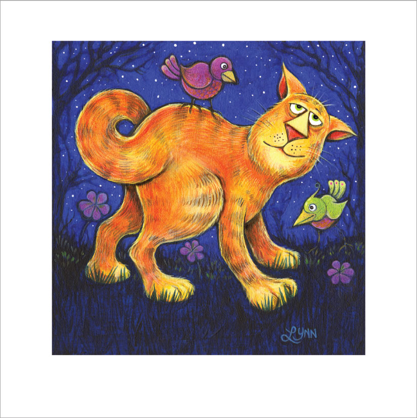 "Ry's Cat" was originally painted for Lynn's grandson, and has an orange cat hanging out with his bird buddies in a forest scene.