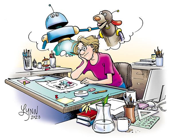 Lynn sits at her drafting table with Tim and his dog bot in a bubble above her head. 